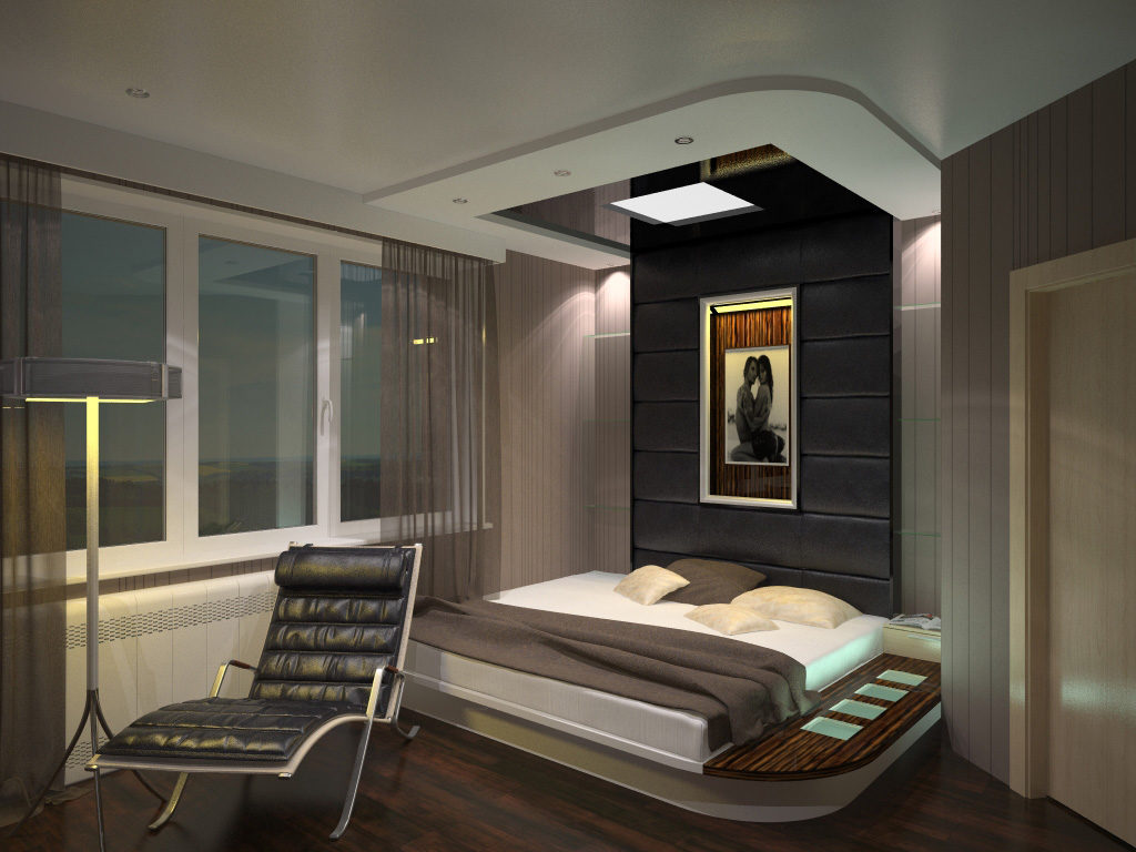 дизайн спальни с двумя окнами